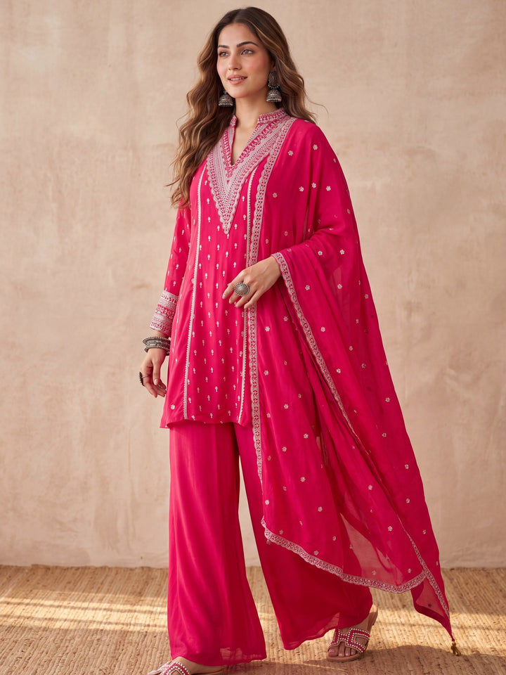 Rani Pink Chinon Gold Zariwork A Line Kurta With Palazzo And Dupatta