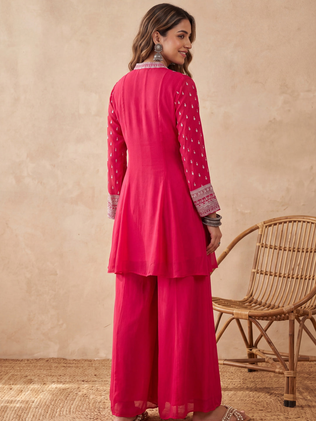 Rani Pink Chinon Gold Zariwork A Line Kurta With Palazzo And Dupatta