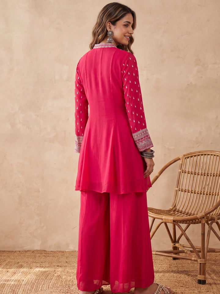 Rani Pink Chinon Gold Zariwork A Line Kurta With Palazzo And Dupatta