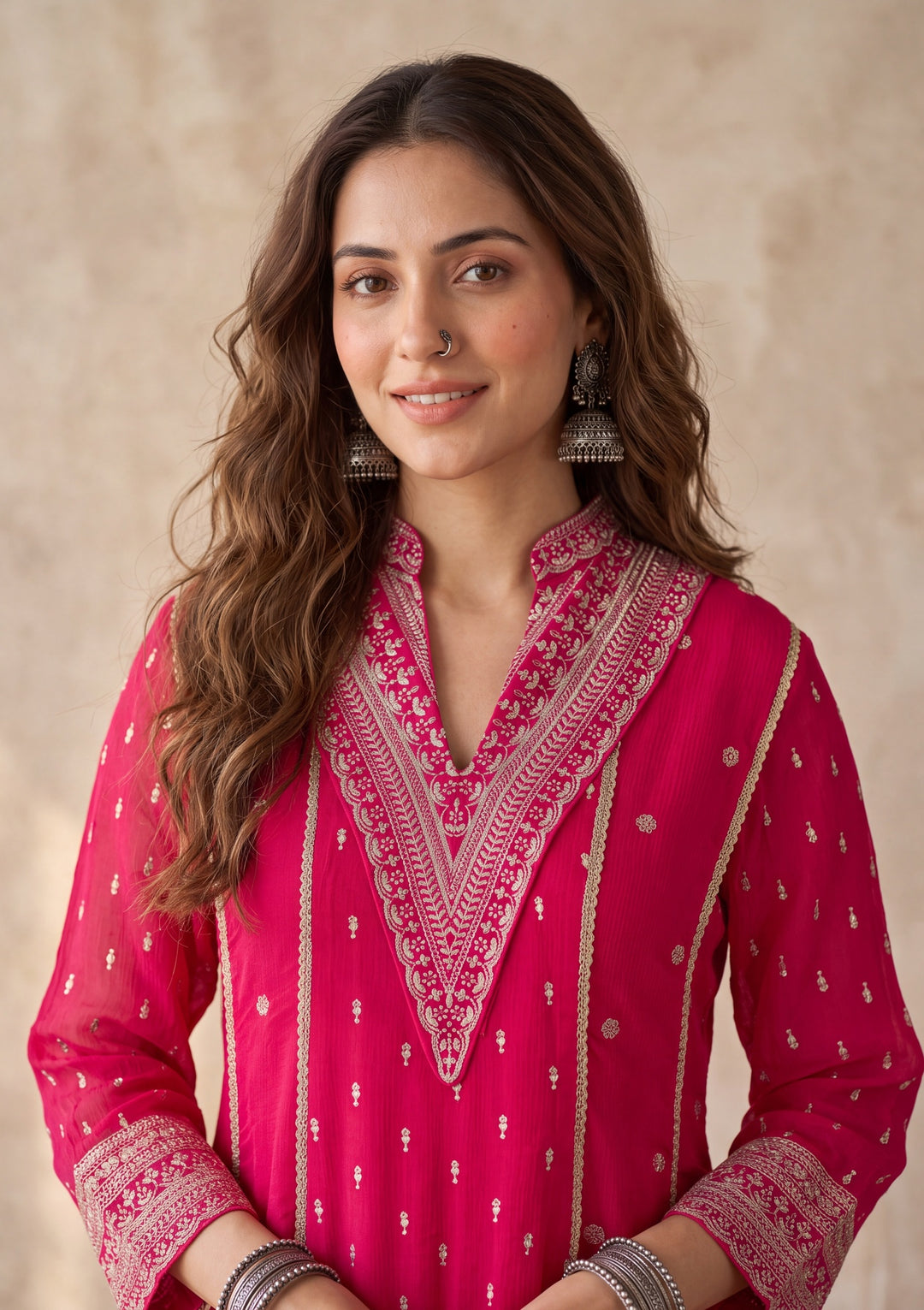 Rani Pink Chinon Gold Zariwork A Line Kurta With Palazzo And Dupatta
