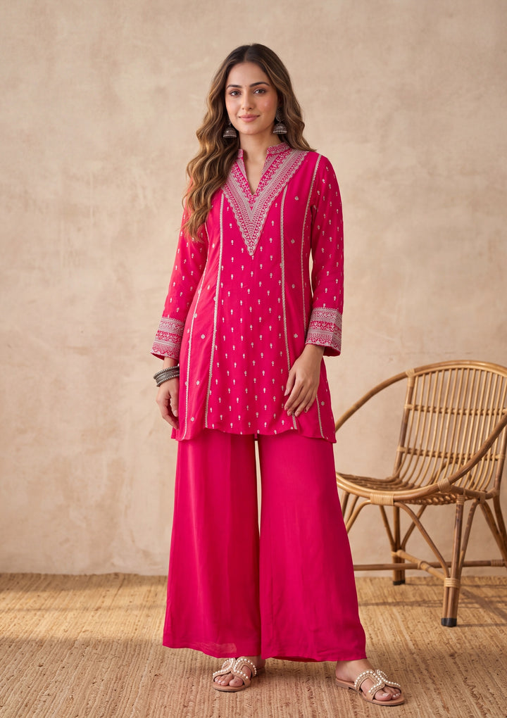 Rani Pink Chinon Gold Zariwork A Line Kurta With Palazzo And Dupatta