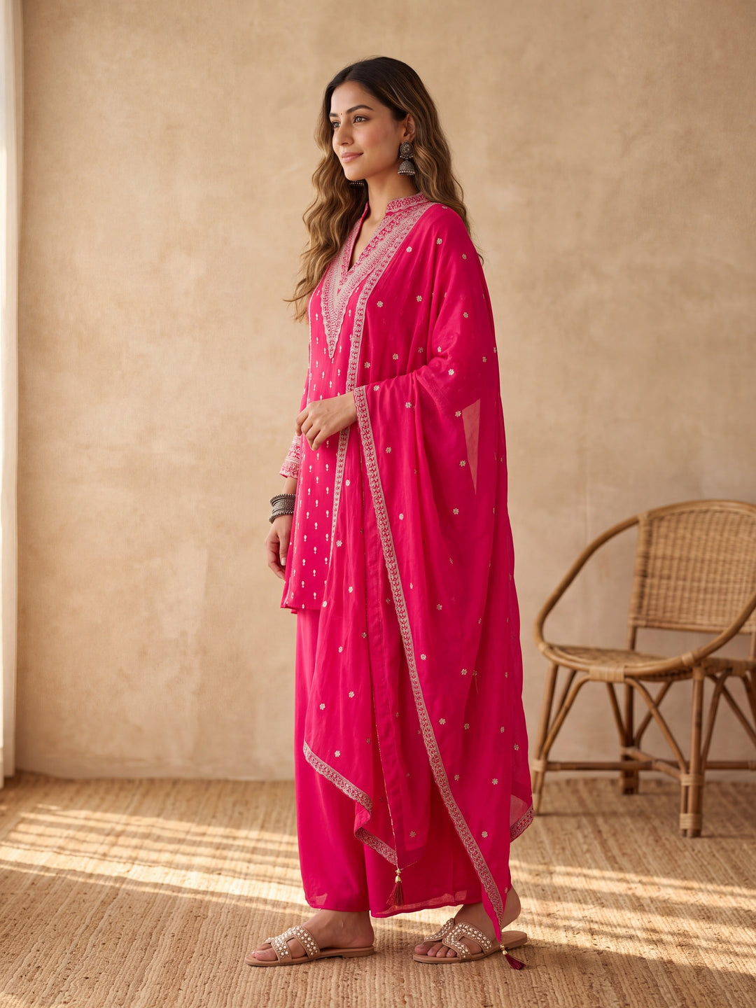 Rani Pink Chinon Gold Zariwork A Line Kurta With Palazzo And Dupatta