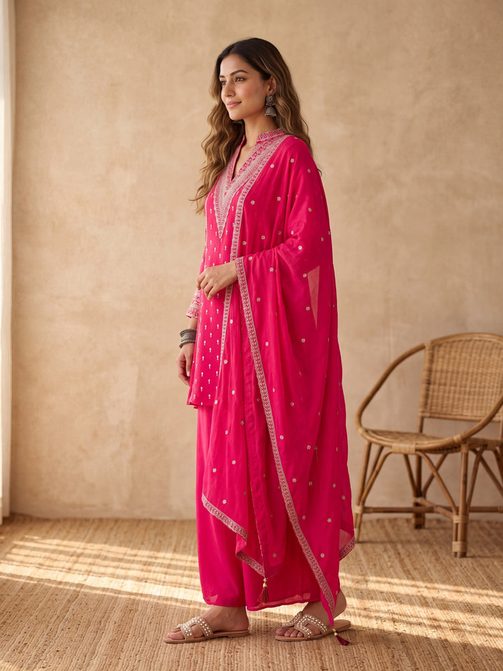 Rani Pink Chinon Gold Zariwork A Line Kurta With Palazzo And Dupatta