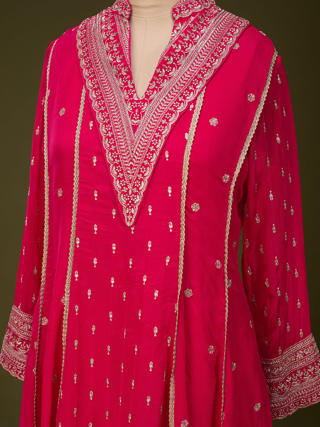 Rani Pink Chinon Gold Zariwork A Line Kurta With Palazzo And Dupatta