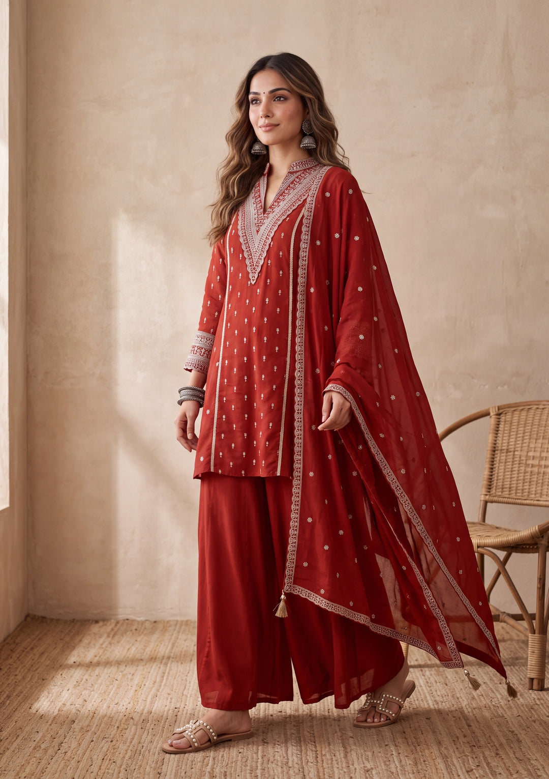 Rust Chinon Gold Zariwork A Line Kurta With Palazzo And Dupatta