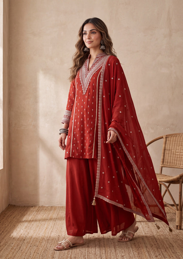 Rust Chinon Gold Zariwork A Line Kurta With Palazzo And Dupatta
