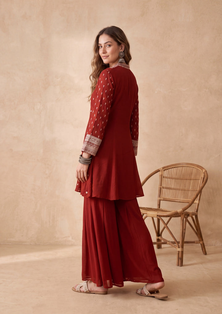 Rust Chinon Gold Zariwork A Line Kurta With Palazzo And Dupatta