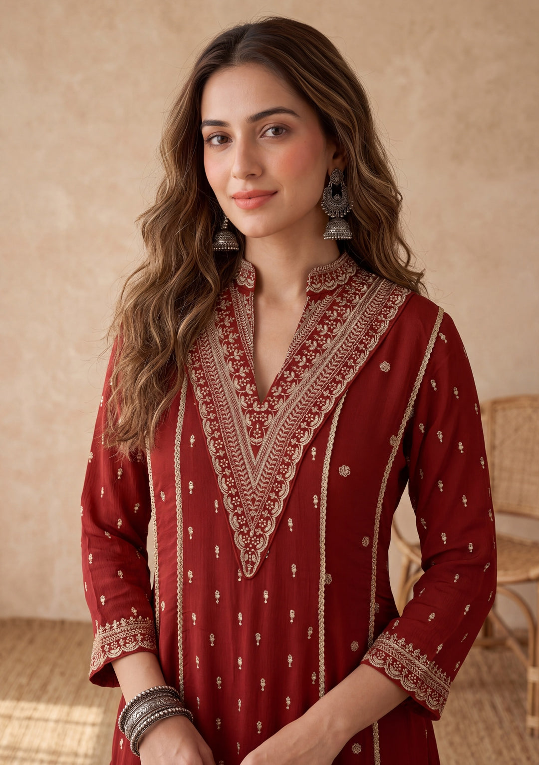 Rust Chinon Gold Zariwork A Line Kurta With Palazzo And Dupatta