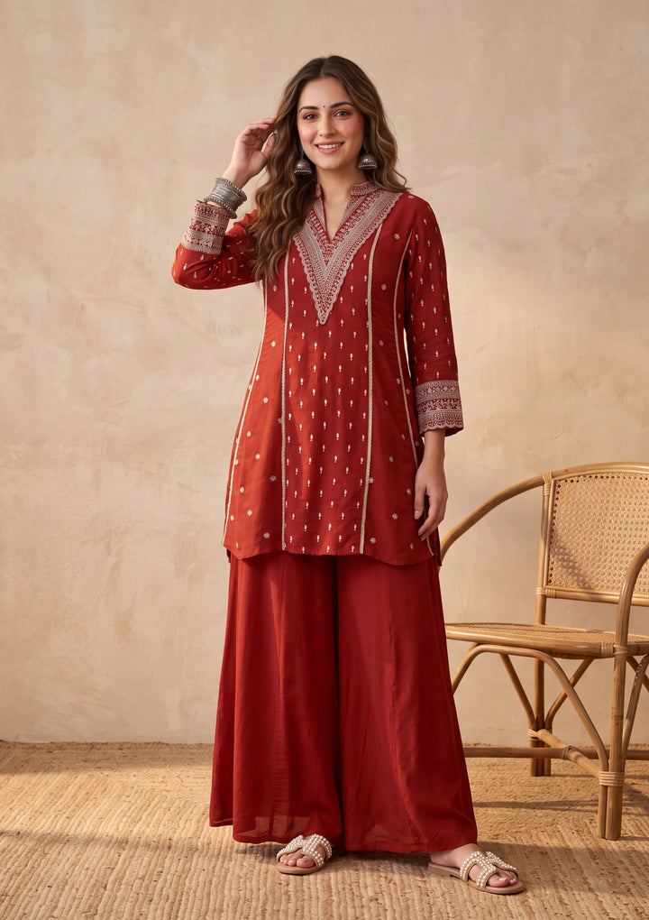 Rust Chinon Gold Zariwork A Line Kurta With Palazzo And Dupatta