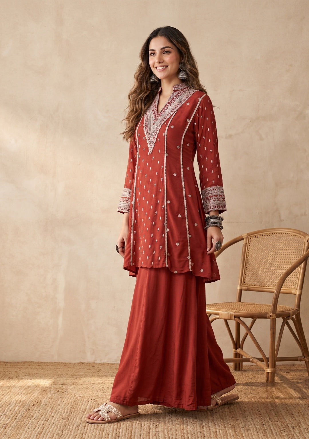 Rust Chinon Gold Zariwork A Line Kurta With Palazzo And Dupatta