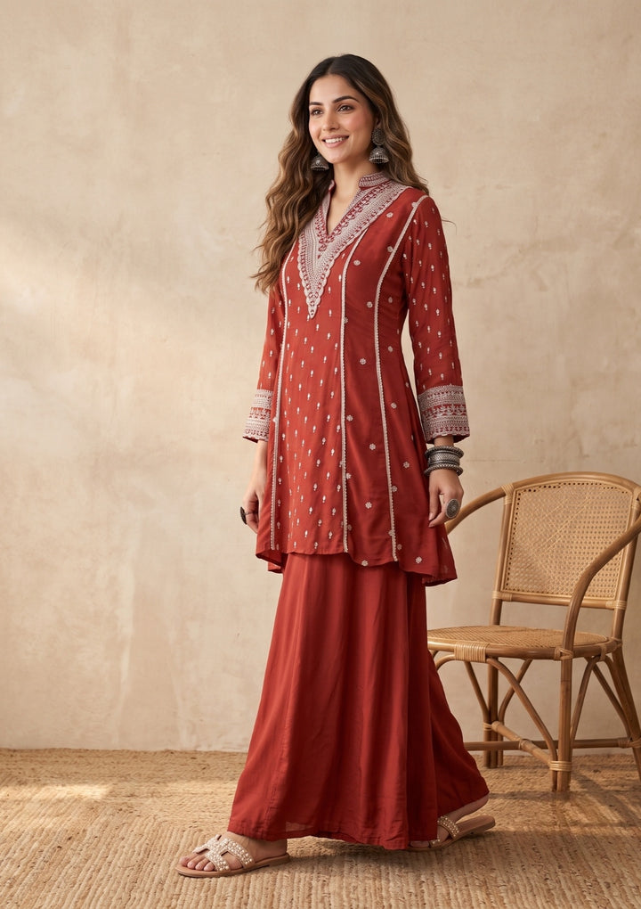 Rust Chinon Gold Zariwork A Line Kurta With Palazzo And Dupatta