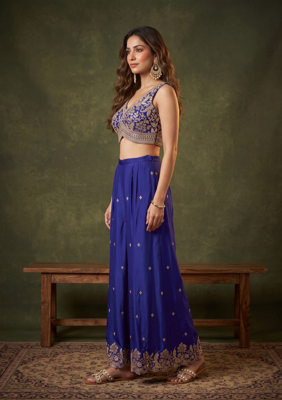 Royal Blue Zariwork (Gold) Chinon Readymade Salwar Suit