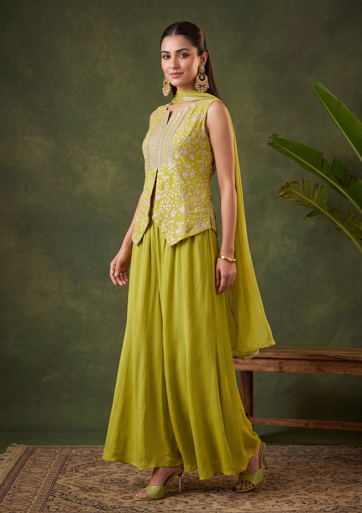 Parrot Green Zariwork (Gold) Chinon Readymade Salwar Suit