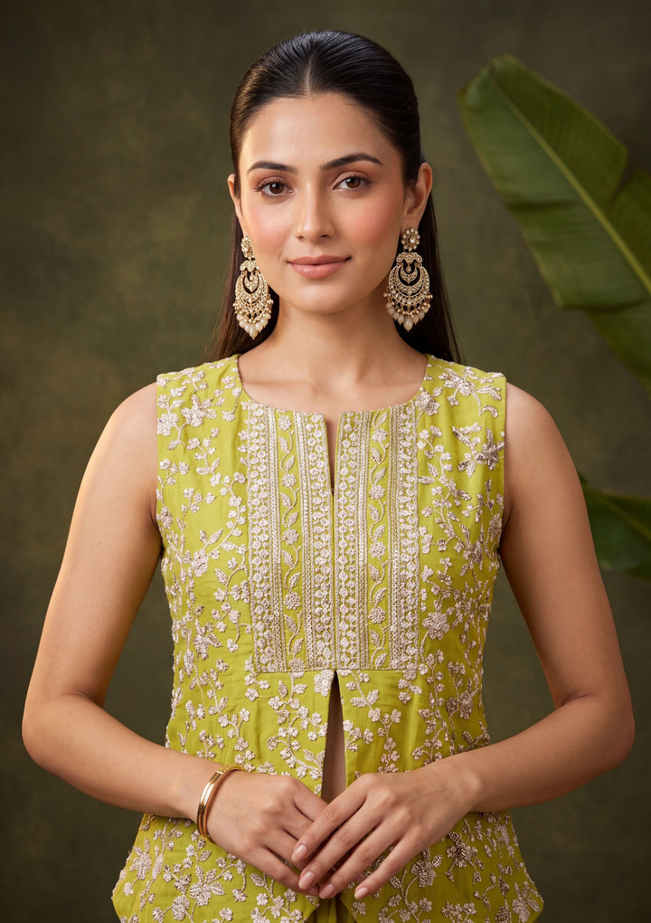 Parrot Green Zariwork (Gold) Chinon Readymade Salwar Suit