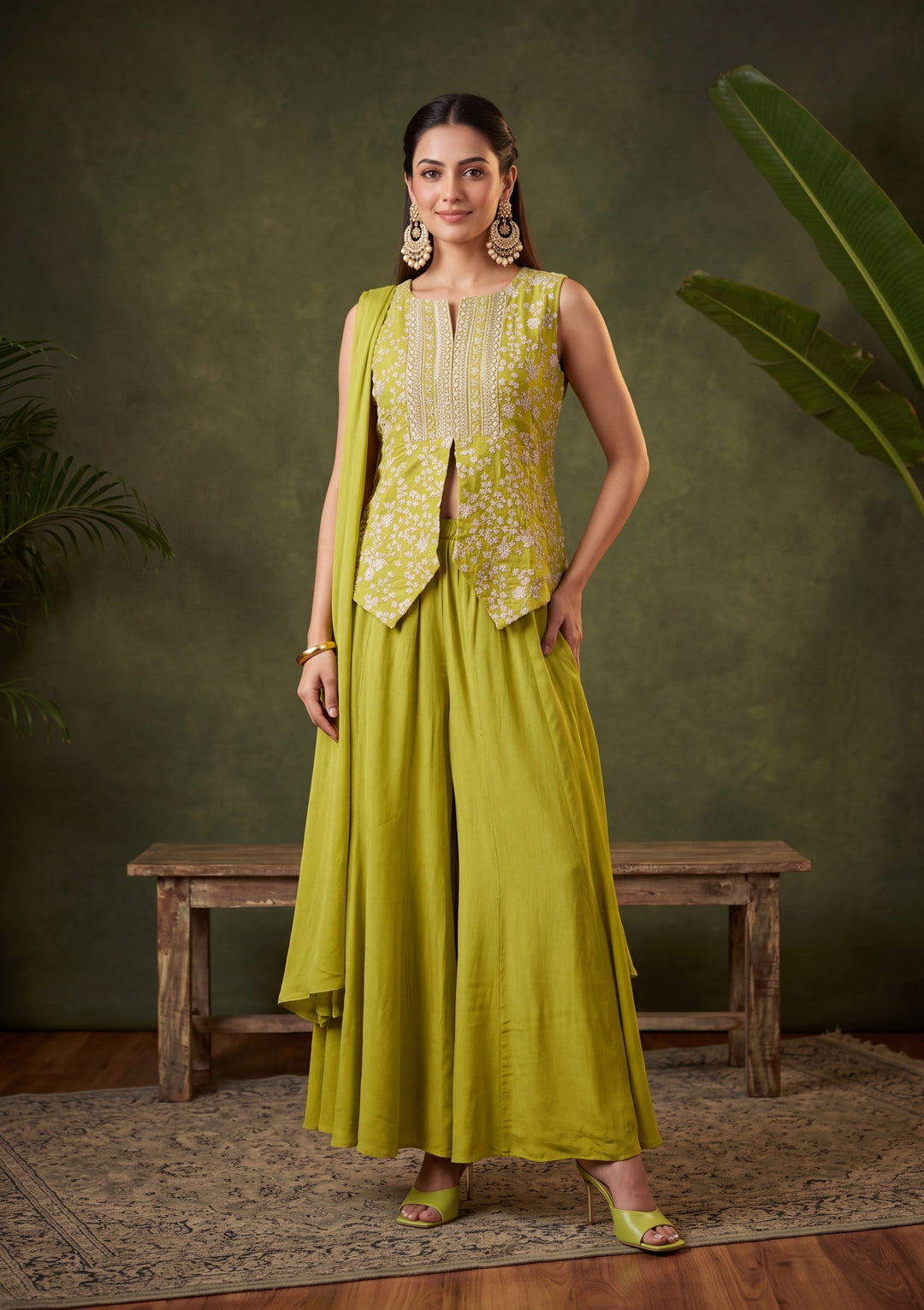 Parrot Green Zariwork (Gold) Chinon Readymade Salwar Suit