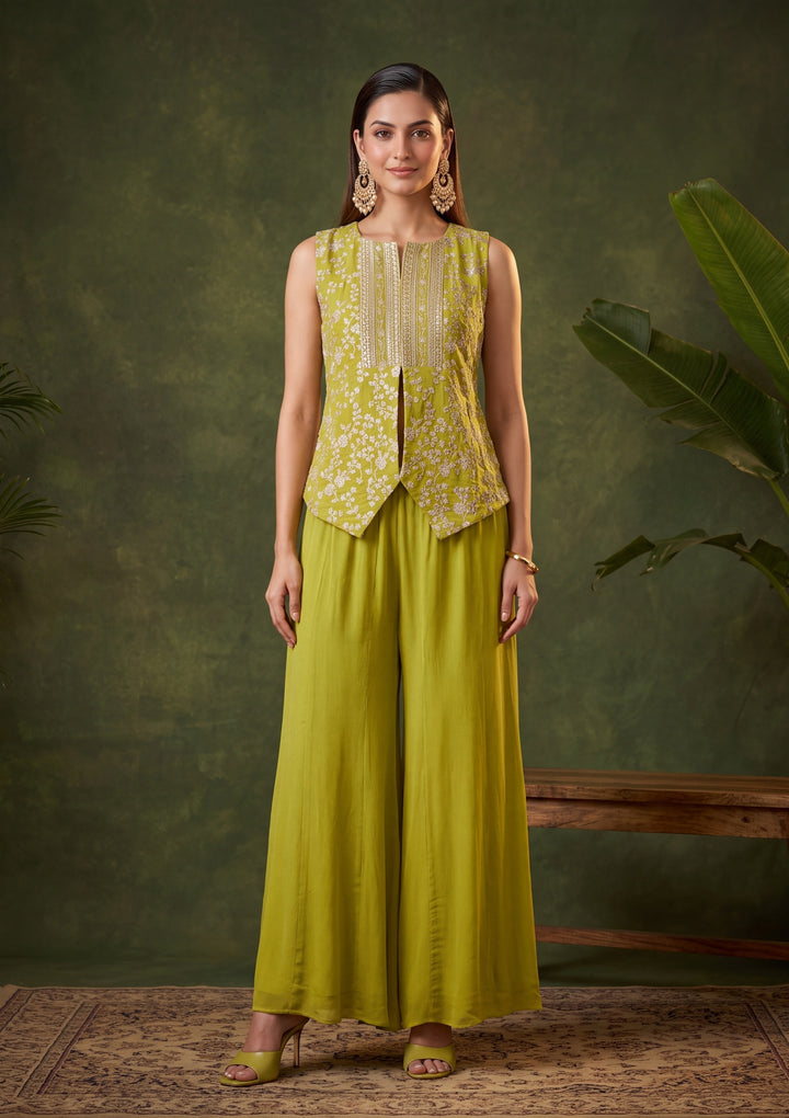 Parrot Green Zariwork (Gold) Chinon Readymade Salwar Suit