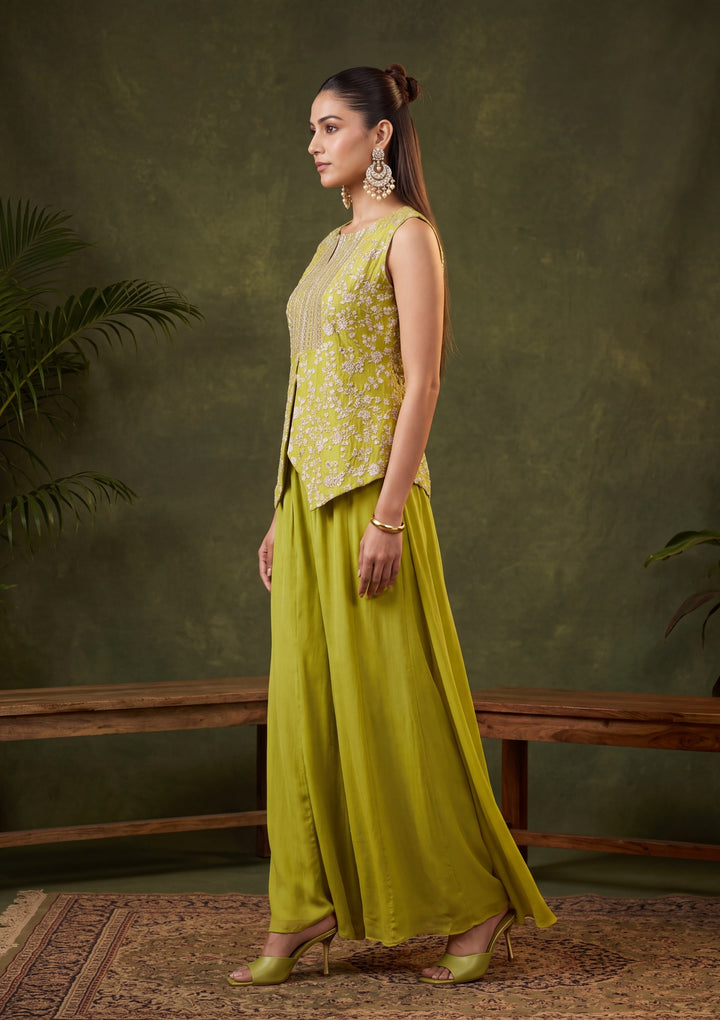 Parrot Green Zariwork (Gold) Chinon Readymade Salwar Suit
