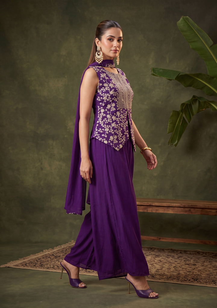 Purple Zariwork (Gold) Chinon Readymade Salwar Suit