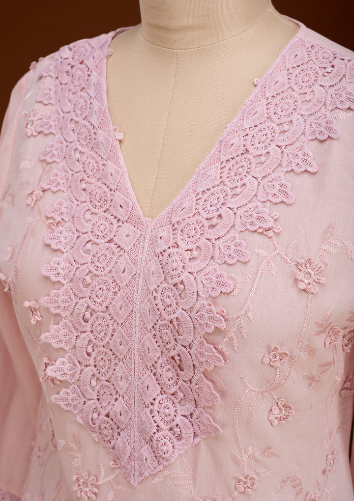 Baby Pink Threadwork Cotton Readymade Salwar Suit