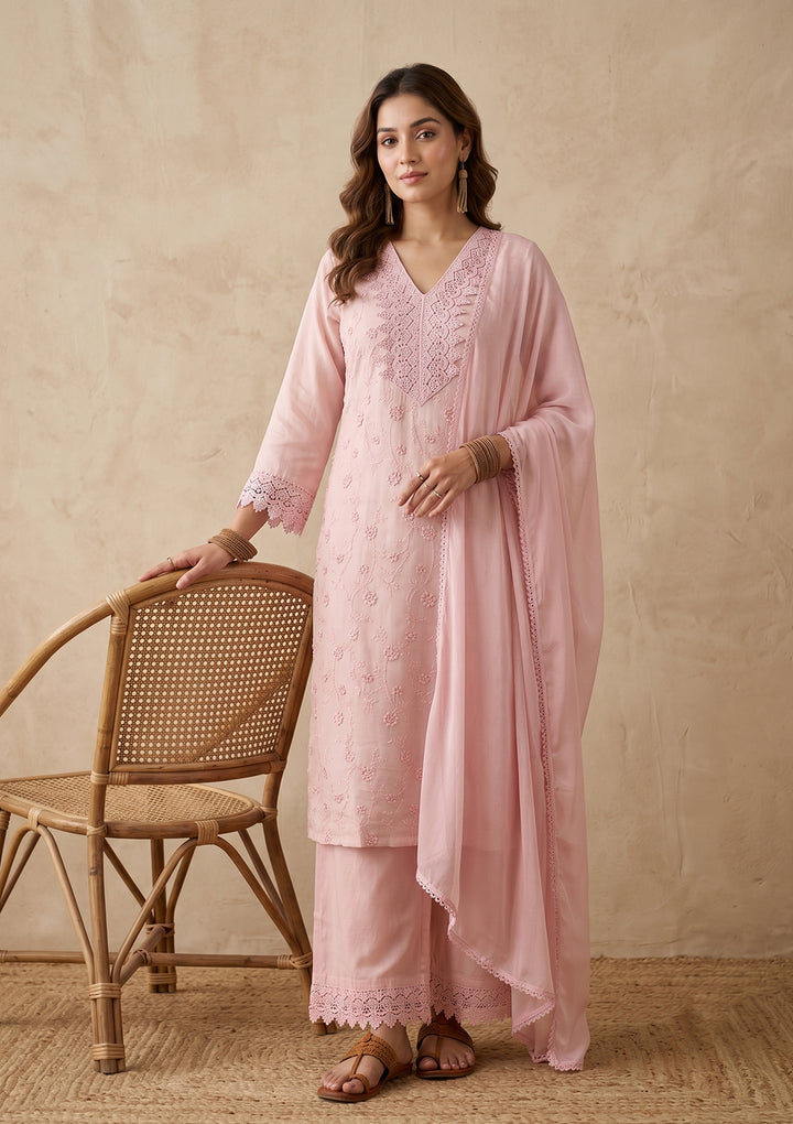 Baby Pink Threadwork Cotton Readymade Salwar Suit