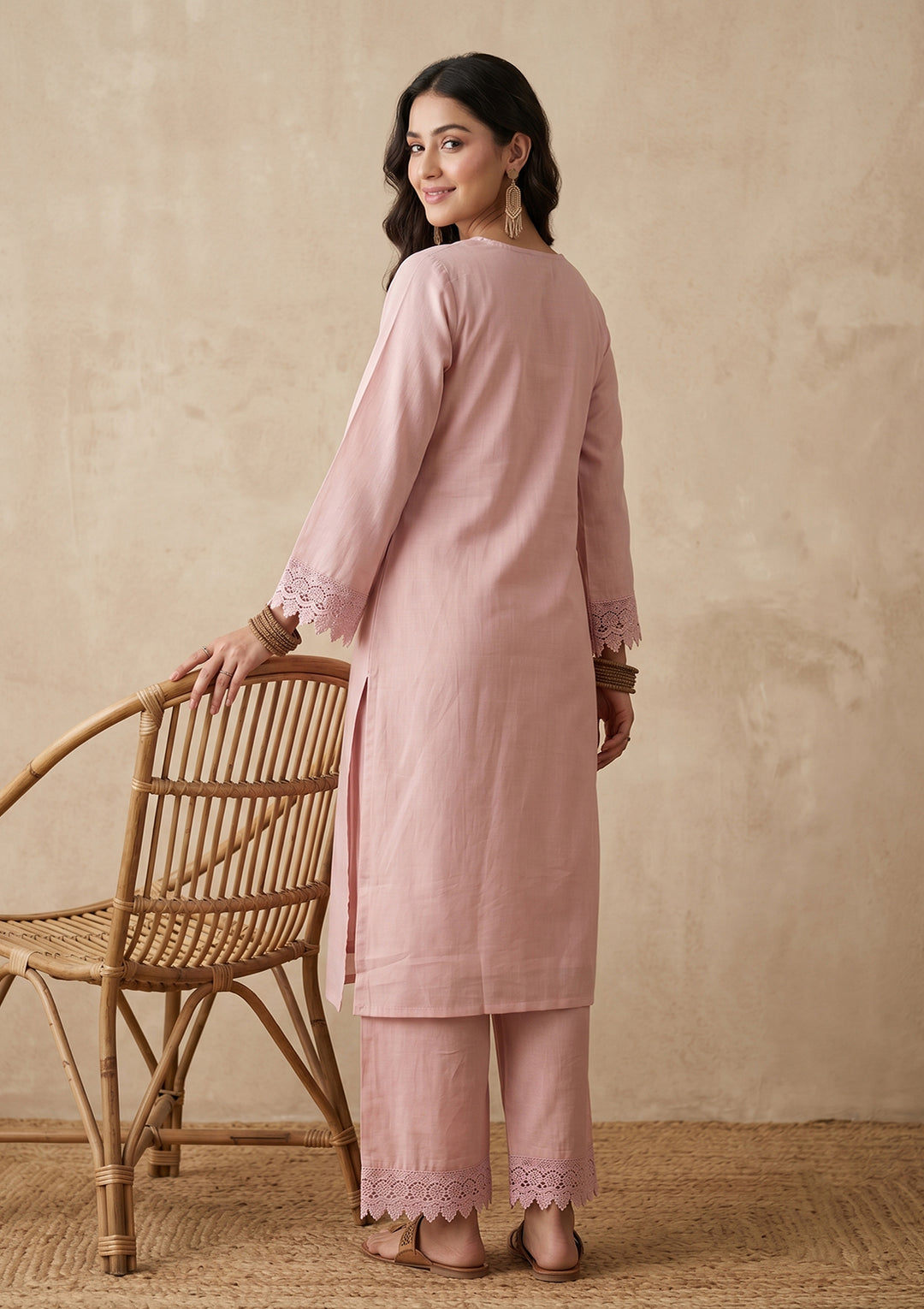 Baby Pink Threadwork Cotton Readymade Salwar Suit
