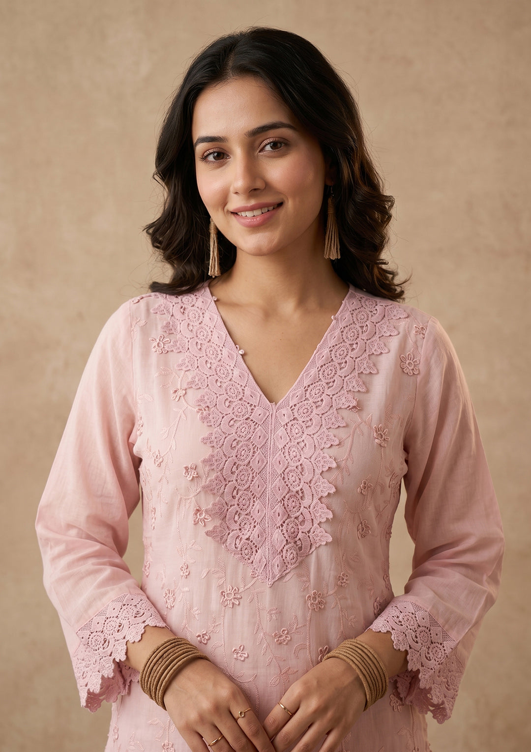 Baby Pink Threadwork Cotton Readymade Salwar Suit