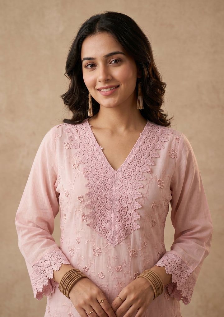 Baby Pink Threadwork Cotton Readymade Salwar Suit