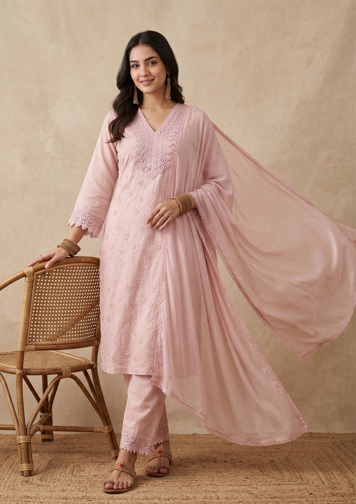 Baby Pink Threadwork Cotton Readymade Salwar Suit