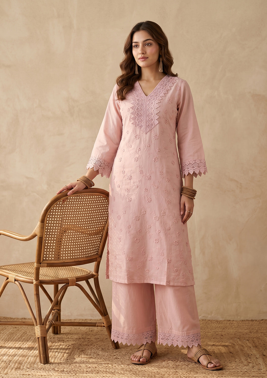 Baby Pink Threadwork Cotton Readymade Salwar Suit