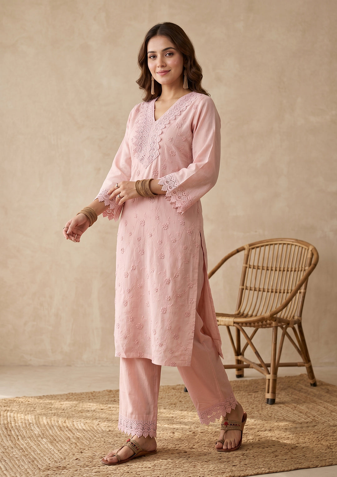 Baby Pink Threadwork Cotton Readymade Salwar Suit