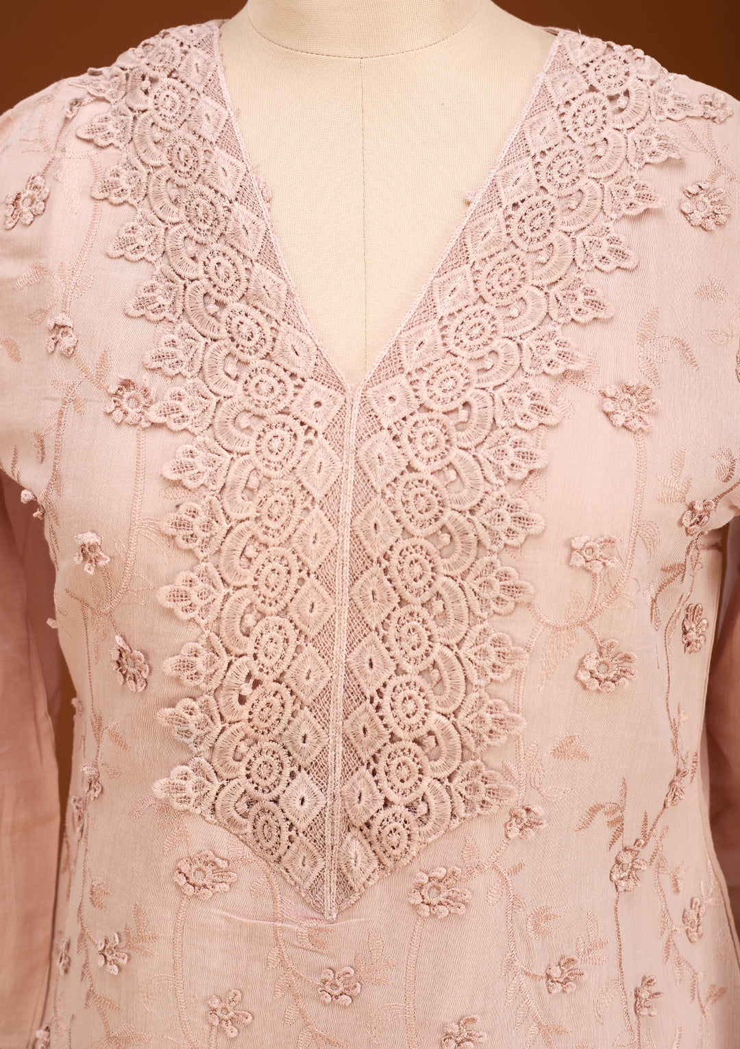 Light Brown Threadwork Cotton Readymade Salwar Suit