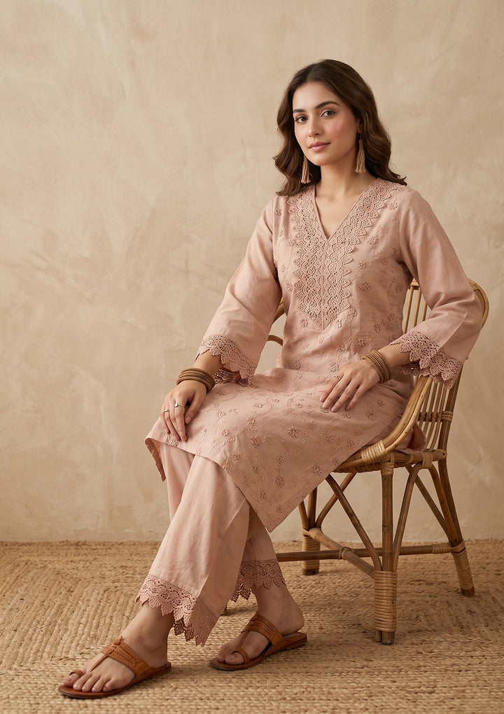 Light Brown Threadwork Cotton Readymade Salwar Suit
