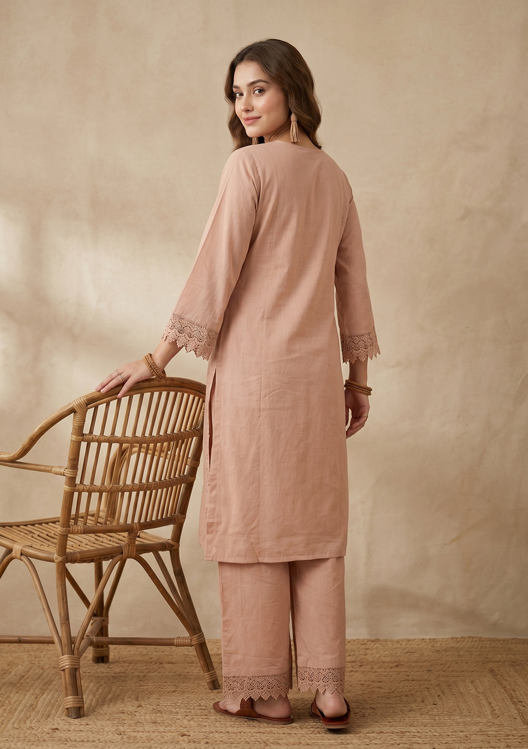 Light Brown Threadwork Cotton Readymade Salwar Suit