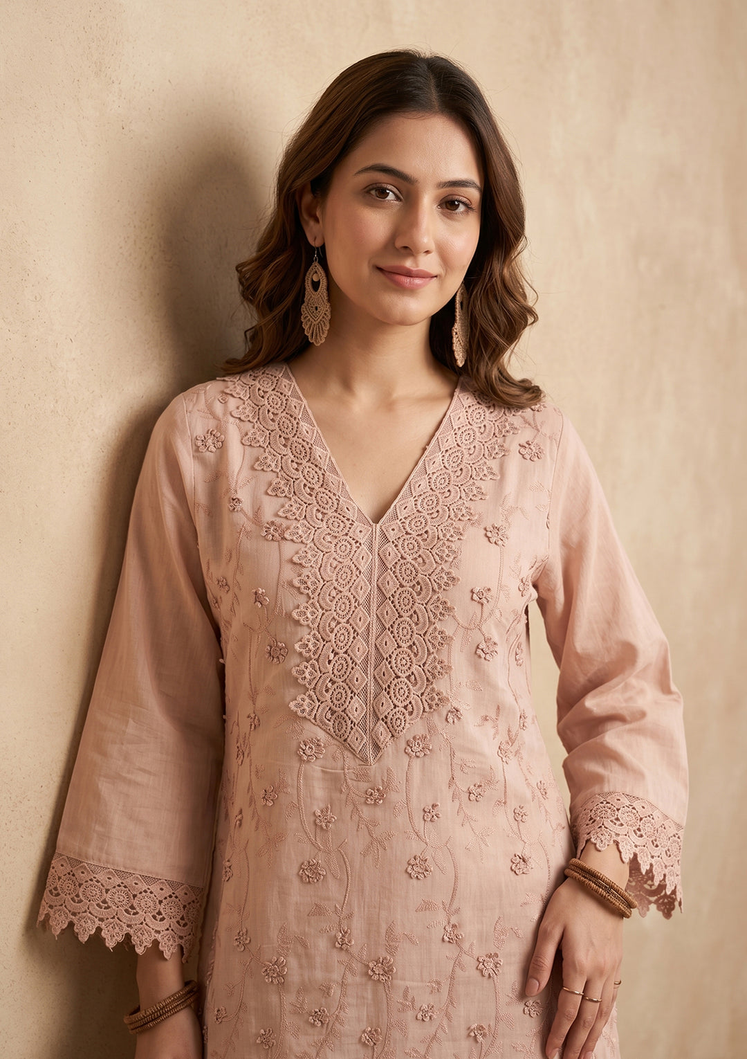 Light Brown Threadwork Cotton Readymade Salwar Suit