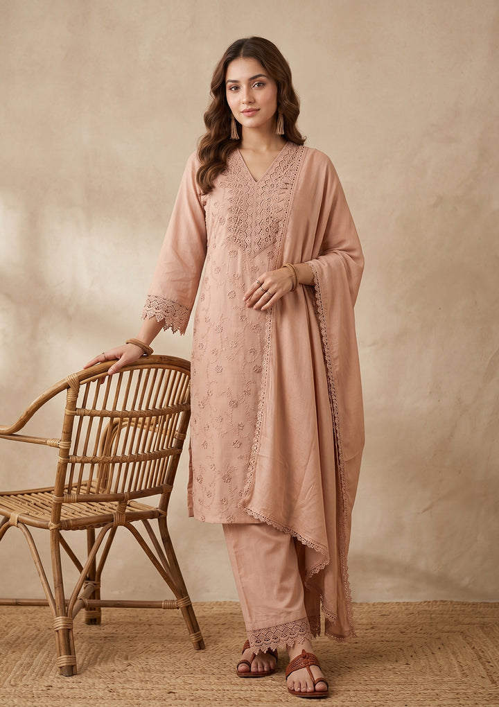 Light Brown Threadwork Cotton Readymade Salwar Suit