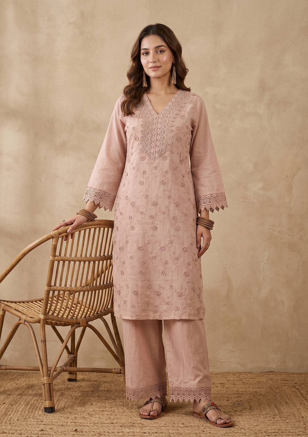 Light Brown Threadwork Cotton Readymade Salwar Suit