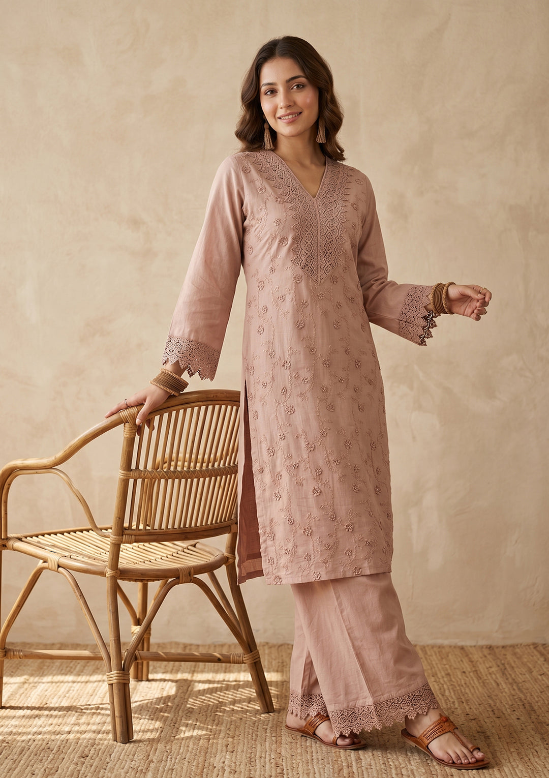Light Brown Threadwork Cotton Readymade Salwar Suit