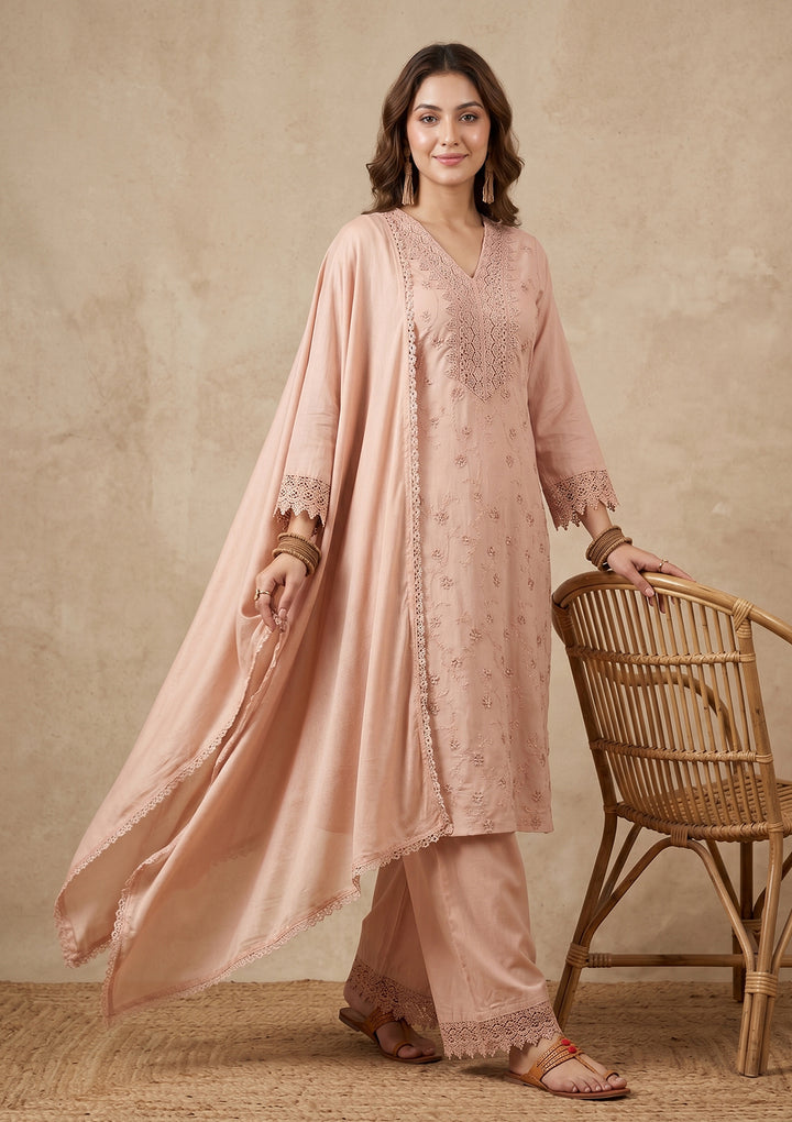 Light Brown Threadwork Cotton Readymade Salwar Suit
