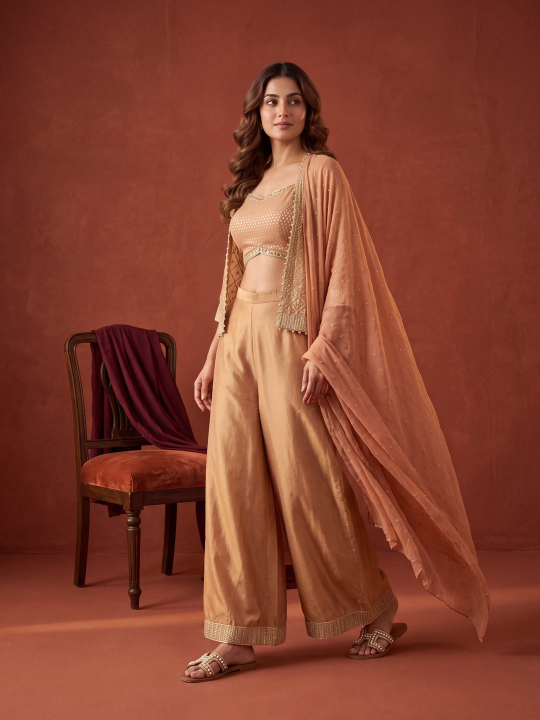 Peach Tissue Gold Zariwork Jacket Kurta With Palazzo And Dupatta