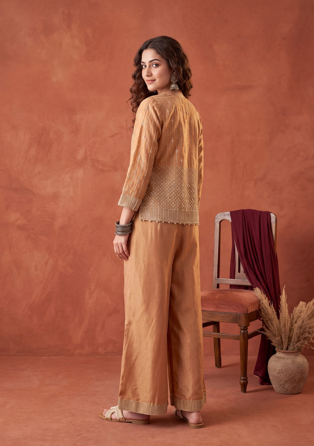 Peach Tissue Gold Zariwork Jacket Kurta With Palazzo And Dupatta