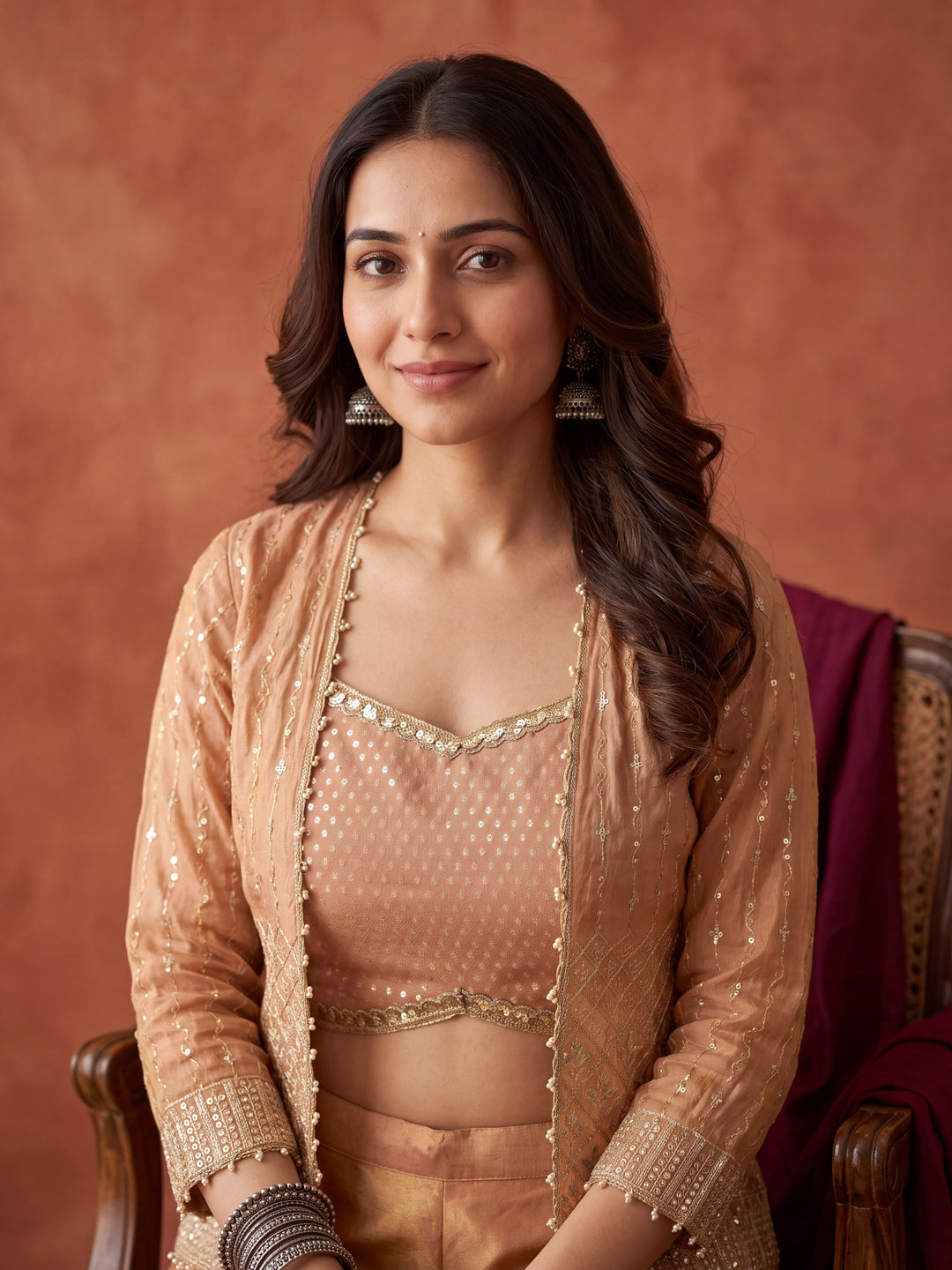 Peach Tissue Gold Zariwork Jacket Kurta With Palazzo And Dupatta