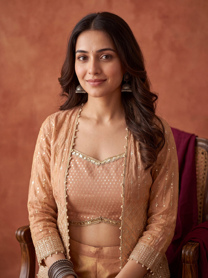 Peach Tissue Gold Zariwork Jacket Kurta With Palazzo And Dupatta