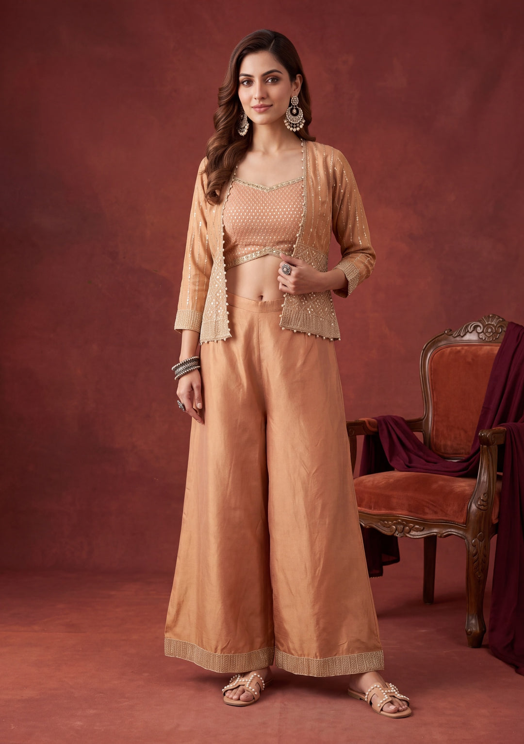 Peach Tissue Gold Zariwork Jacket Kurta With Palazzo And Dupatta