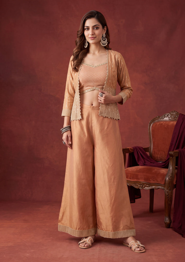 Peach Tissue Gold Zariwork Jacket Kurta With Palazzo And Dupatta