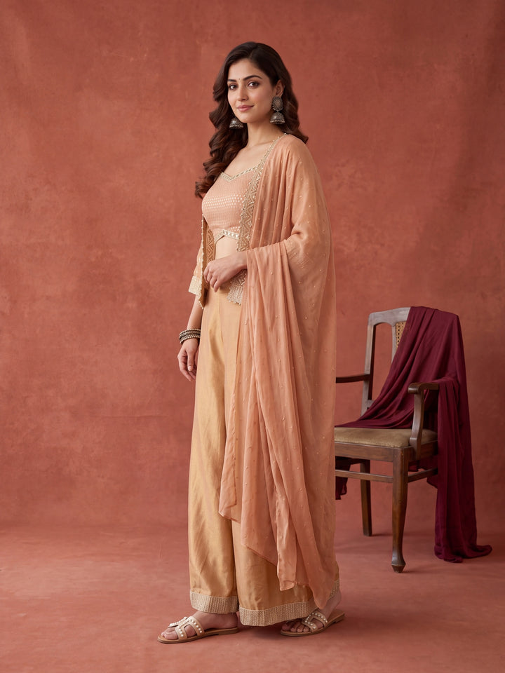 Peach Tissue Gold Zariwork Jacket Kurta With Palazzo And Dupatta