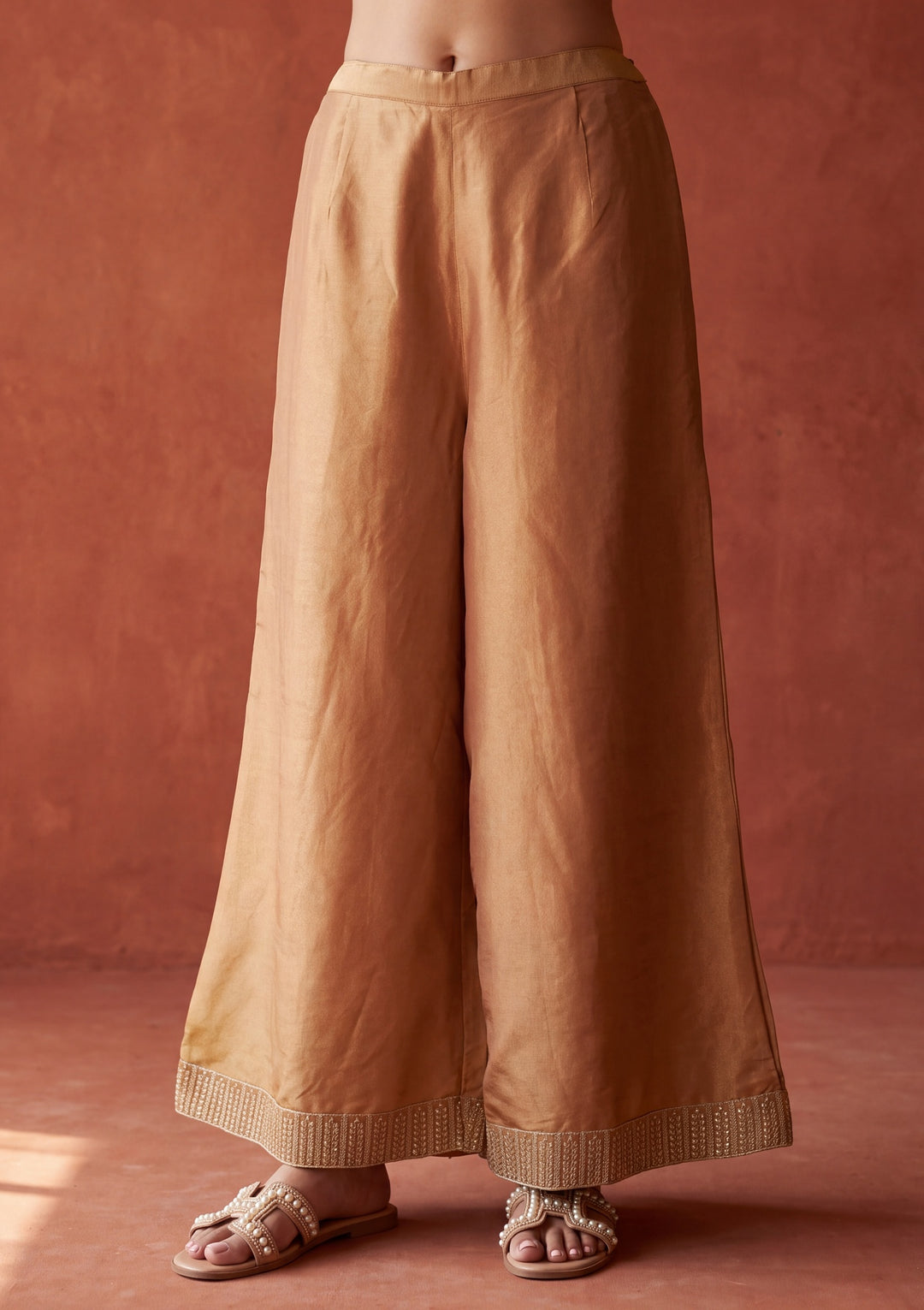 Peach Tissue Gold Zariwork Jacket Kurta With Palazzo And Dupatta