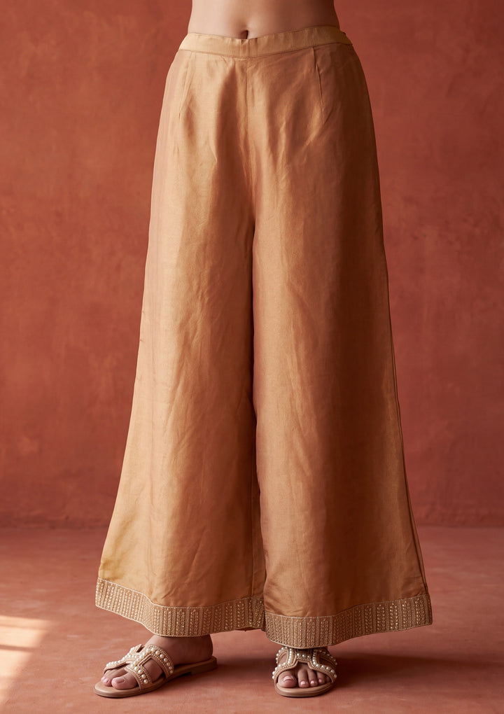 Peach Tissue Gold Zariwork Jacket Kurta With Palazzo And Dupatta