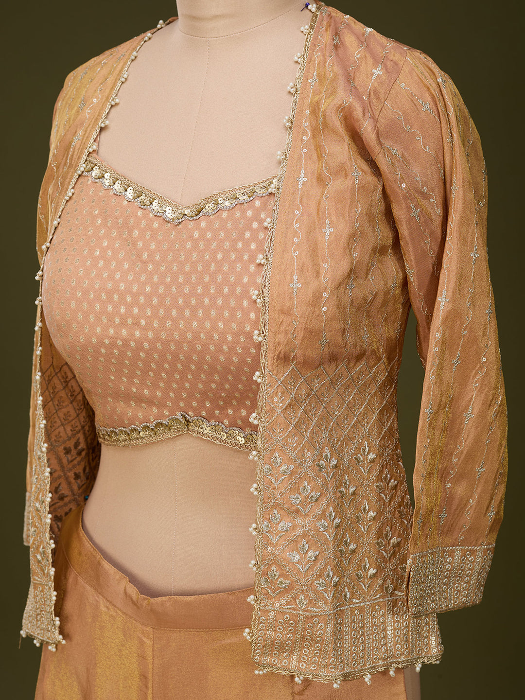 Peach Tissue Gold Zariwork Jacket Kurta With Palazzo And Dupatta