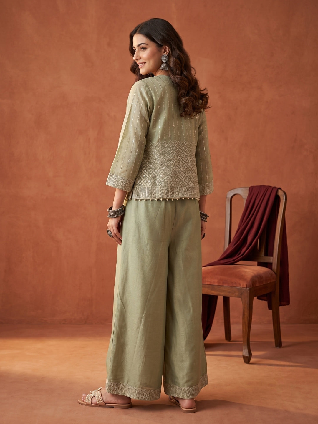 Pista Green Tissue Gold Zariwork Jacket Kurta With Palazzo And Dupatta