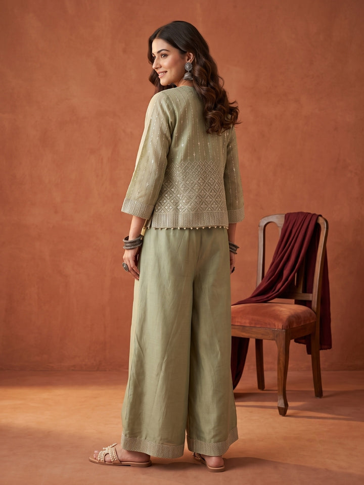 Pista Green Tissue Gold Zariwork Jacket Kurta With Palazzo And Dupatta